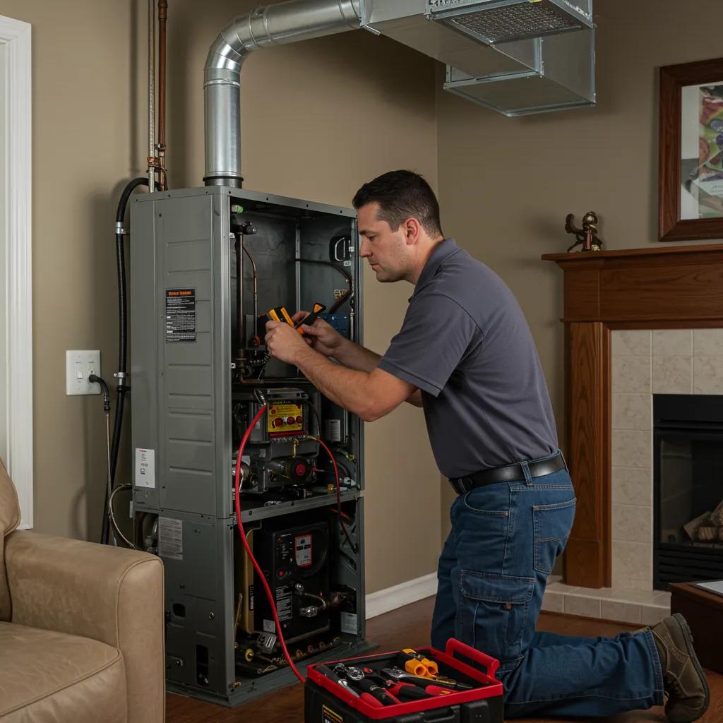 HVAC technician repairing a heating and cooling system in a home, emphasizing emergency repair services