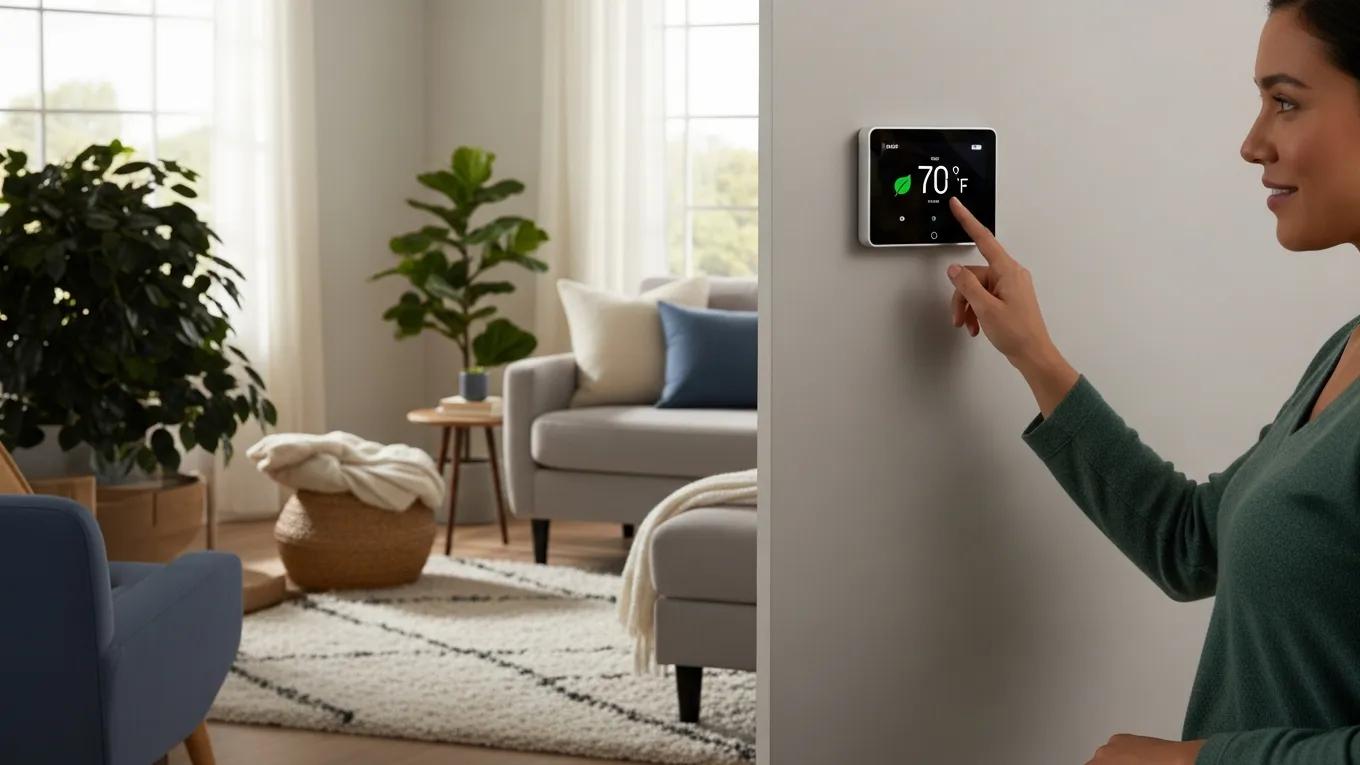 Homeowner adjusting a programmable thermostat in a cozy living room