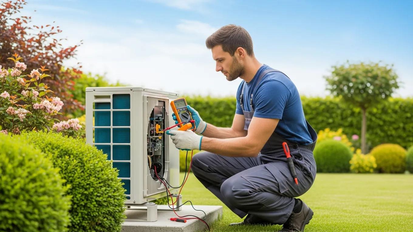 Technician inspecting an outdoor AC unit for reliability and maintenance