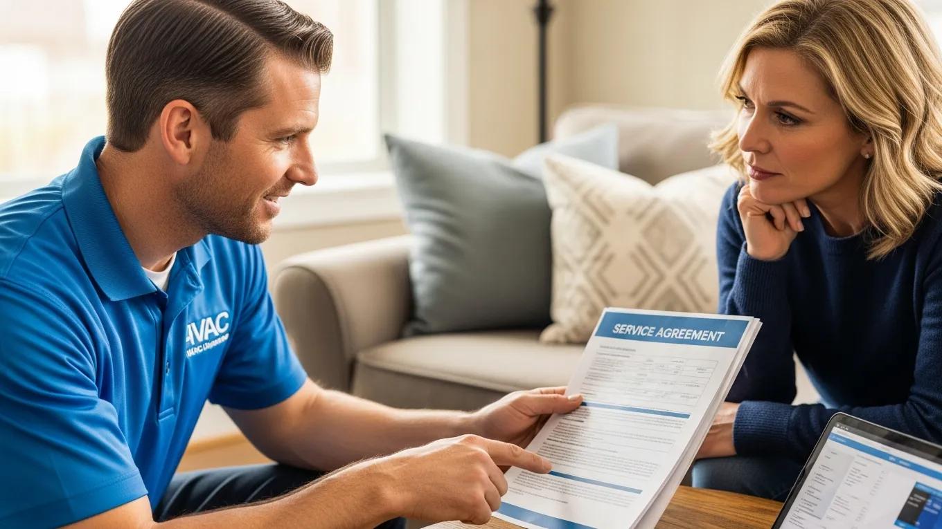 HVAC technician explaining maintenance plan options to a homeowner